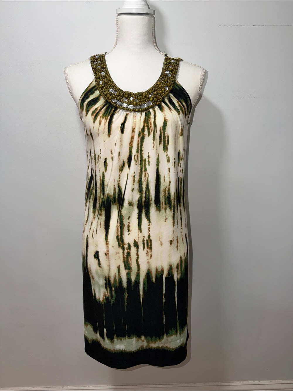 VTG Dressbarn Women’s Tie Dye Shift Dress Embellished‎ Neckline 6 Hippie Retro